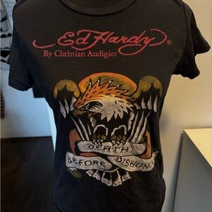 Ed Hardy Vintage-style Black T-Shirt w/ Bold Graphic and Rhinestone Details